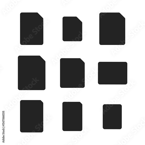 Black Paper Format Icons. Solid, filled icon set of office paper formats: A4, A5, A3, letter, legal, tabloid, executive, B5,
