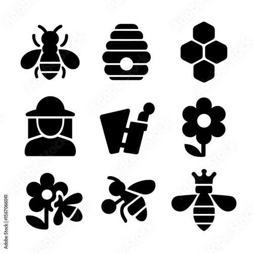 Bee Icons Grid. Solid, filled icon set of bees and beekeeping: honeybee, hive, honeycomb, beekeeper, smoker, flower, pollen basket