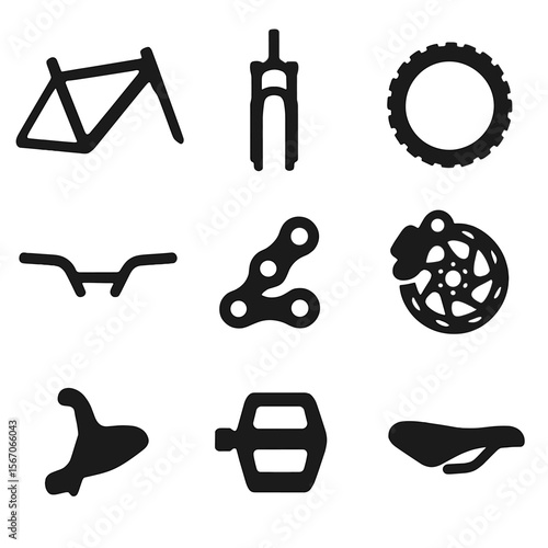 Bike Components Icons. Solid, filled icon set of bike components: frame, suspension fork, tire, handlebar, chain, disc brake, gear