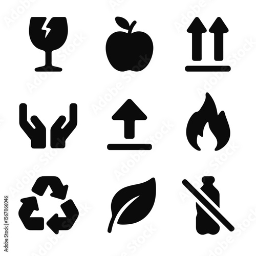 Black Packaging Icons. Solid, filled icon set of packaging label types: fragile icon, perishable label, handle with care, this