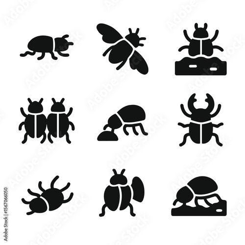 Beetle Icon Activities. Solid, filled icon set of beetle activities: crawling, flying, burrowing, mating, feeding, defending,
