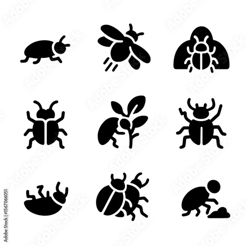Beetle Icon Activities. Solid, filled icon set of beetle activities: crawling, flying, burrowing, mating, feeding, defending,