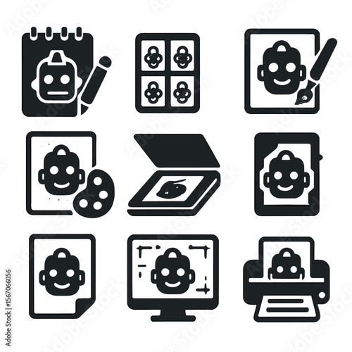 Art Process Icons. Solid, filled icons set of illustration processes: concept sketch, thumbnail, line work,