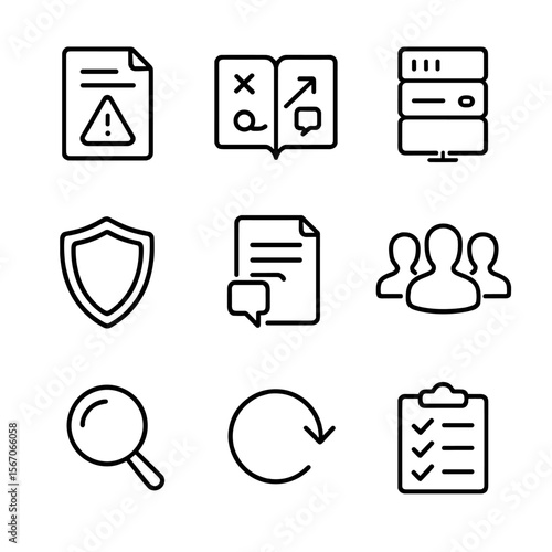 Incident Response Icons. Outline icon set of incident response planning and recovery: incident report document, response playbook,