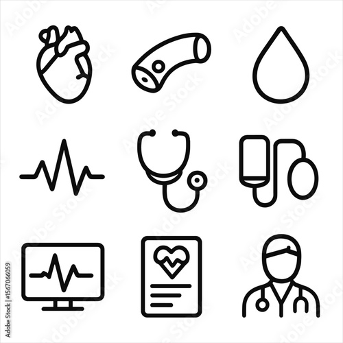 Cardiovascular Icon Set. Solid, filled icon set of cardiovascular health: heart, artery, blood drop, pulse, stethoscope, blood
