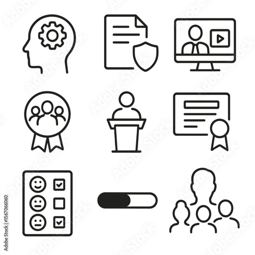Inclusion Training Icons. Outline icon set of inclusion training and policy implementation: unconscious bias training module,