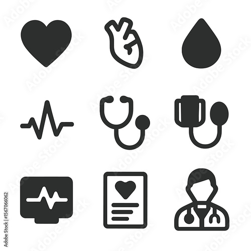 Cardiovascular Icon Set. Solid, filled icon set of cardiovascular health: heart, artery, blood drop, pulse, stethoscope, blood