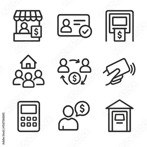 Inclusive Payment Icons. Outline icon set of inclusive payment solutions: mobile money agent kiosk, identity card verification,