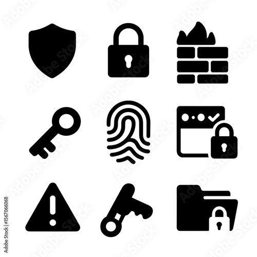Black Security Icons. Solid, filled icon set of security and privacy: shield, padlock, firewall, VPN, key, fingerprint, two-factor