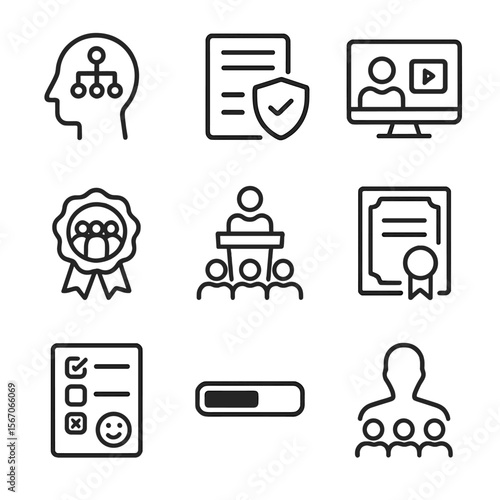 Inclusion Training Icons. Outline icon set of inclusion training and policy implementation: unconscious bias training module,