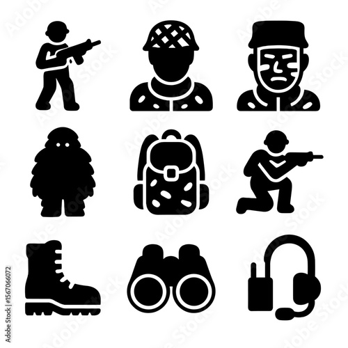 Black Soldier Icons. Solid, filled icon set of soldiers in camouflage: soldier with rifle, helmet with netting, face paint,