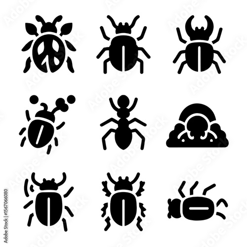 Beetle Defense Icons. Solid, filled icon set of beetle defense mechanisms: camouflage, hard shell, horn display, chemical spray,