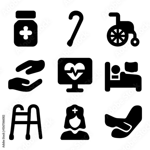 Care Support Icons. Solid, filled icon set of caregiving activities: medicine bottle, mobility aid, wheelchair, helping hand,