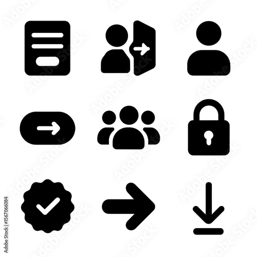 Black Website Icons Grid. Solid, filled icon set of website CTAs: sign-up form, login icon, user avatar, submit button, join group