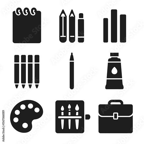 Art Tools Icons. Solid, filled icons set of art student backpack tools: sketchpad, drawing pencils, charcoal