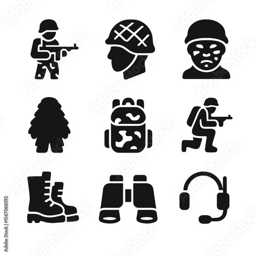 Black Soldier Icons. Solid, filled icon set of soldiers in camouflage: soldier with rifle, helmet with netting, face paint,