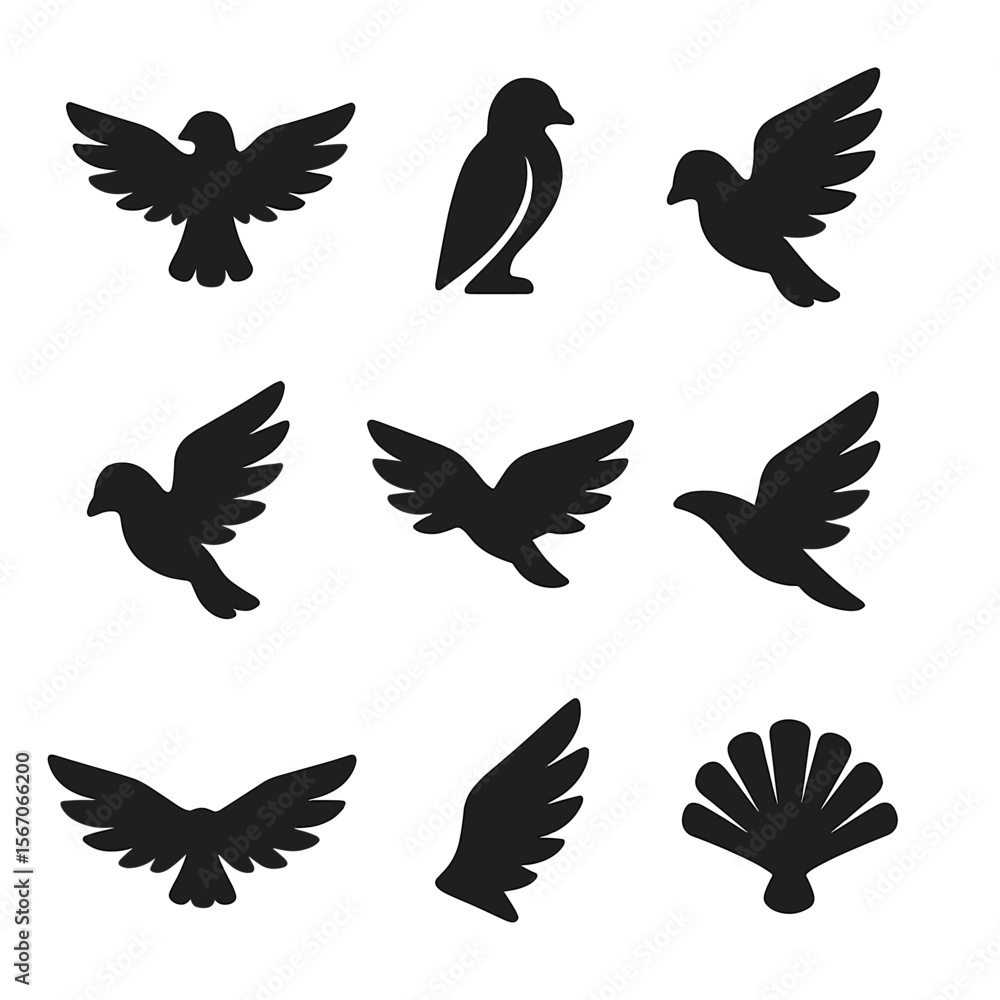 Fototapeta premium Bird Wing Icon Set. Solid, filled icon set of bird wing positions: wings spread, wings folded, upward flap, downward flap,
