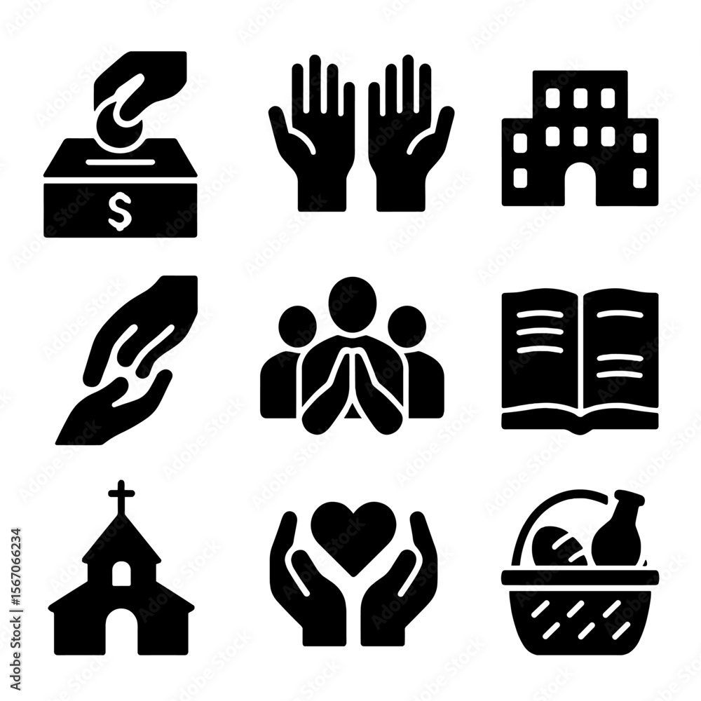 Fototapeta premium Catholic Social Icons. Solid, filled icon set of Catholic social action: charity box, volunteer hands, community building, helping