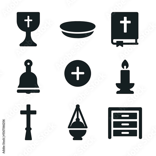 Catholic Mass Icons. Solid, filled icon set of Catholic Mass accessories: chalice, paten, liturgy book, altar bell, communion host