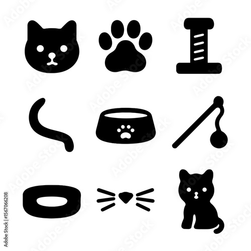 Cat Icon Set. Solid, filled icon set of cats: cat face, paw print, scratching post, tail, cat bowl, cat toy, cat bed, whiskers,