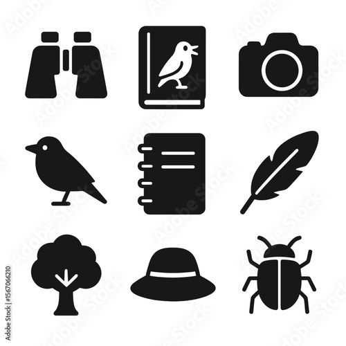 Birdwatching Icon Set. Solid, filled icon set of birdwatching and birdsong: binoculars, bird guidebook, camera, bird silhouette,