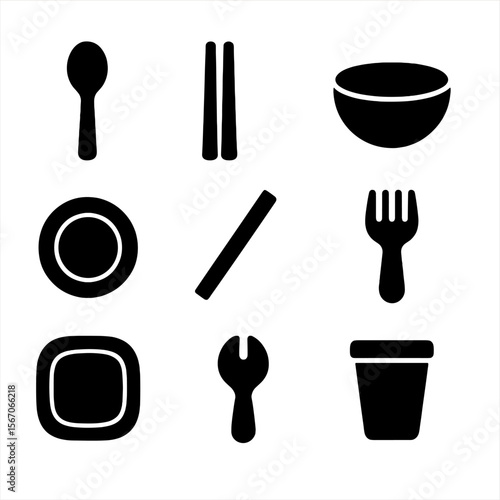 Biodegradable Utensils Icons. Solid, filled icon set of biodegradable utensils: wooden spoon, bamboo chopsticks, coconut shell
