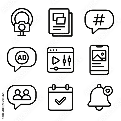 Influencer Workflow Icons. Outline icon set of influencer content creation workflow: camera with ring light, storyboard sketchpad,