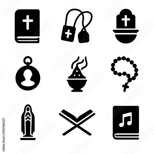 Catholic Devotional Icons. Solid, filled icon set of Catholic devotional items: prayer book, scapular, holy water font, medal of