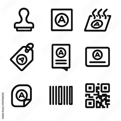 Brand Element Icons. Solid, filled icon set of branding elements: logo stamp, embossing, foil stamping, hang tag, label sticker,