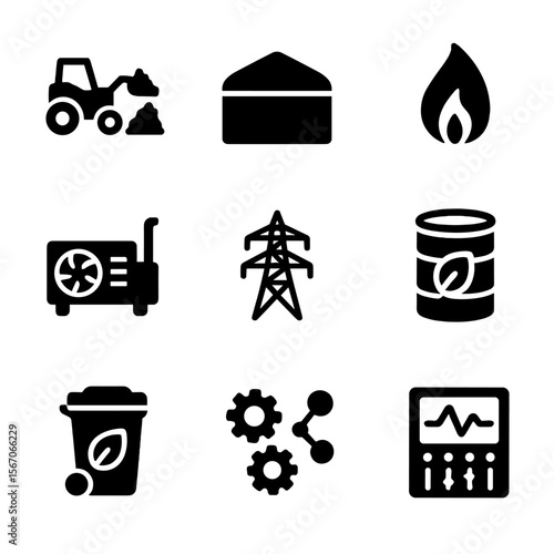 Bioenergy Icons Set. Solid, filled icon set of bioenergy production process: feedstock loading, fermentation tank, methane gas,