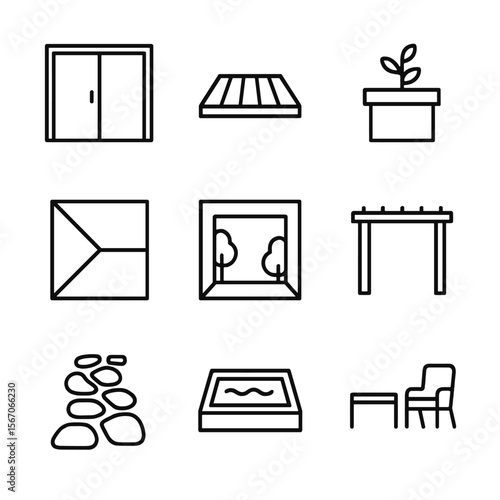 Indoor-Outdoor Icons. Outline icon set of indoor-outdoor integration: sliding glass panel, wooden deck platform, planter box