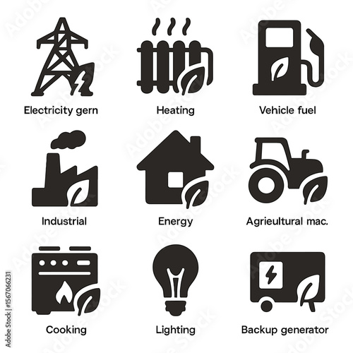 Bioenergy Icon Set. Solid, filled icon set of bioenergy applications: electricity generation, heating system, vehicle fuel,