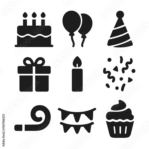 Birthday Party Icons. Solid, filled icon set of birthday party elements: birthday cake, balloons, party hat, wrapped gift, candle,