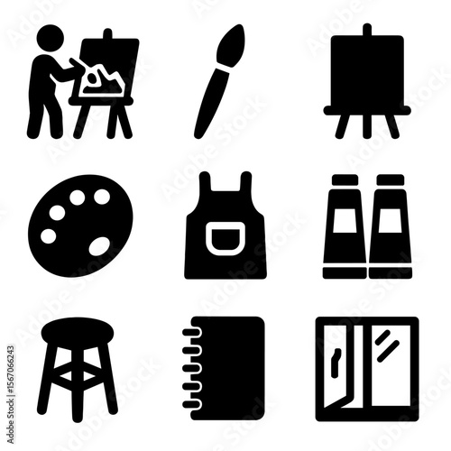 Artists' Tools Icons. Solid, filled icons set of artists at work in their studios: easel, paintbrush, canvas,
