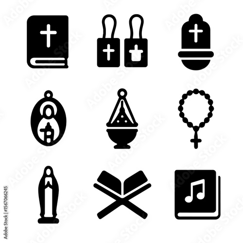 Catholic Devotional Icons. Solid, filled icon set of Catholic devotional items: prayer book, scapular, holy water font, medal of