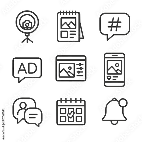 Influencer Workflow Icons. Outline icon set of influencer content creation workflow: camera with ring light, storyboard sketchpad,