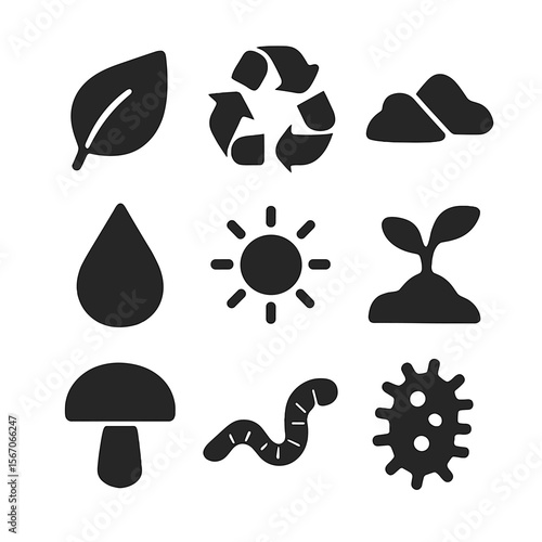 Biodegradation Icon Grid. Solid, filled icon set of biodegradation symbols: leaf, recycle arrows, soil, water droplet, sun,