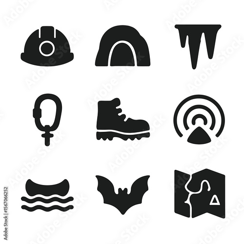 Cave Exploration Icons. Solid, filled icon set of exploring caves: helmet light, cave opening, stalactite icon, rope anchor,