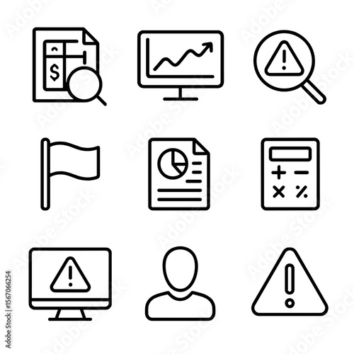 Insolvency Icons Collection. Outline icon set of insolvency assessment and risk analysis: balance sheet review document, cash flow