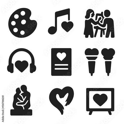 Artistic Love Icons. Solid, filled icons set of love and affection through artistic expressions: heart-shaped