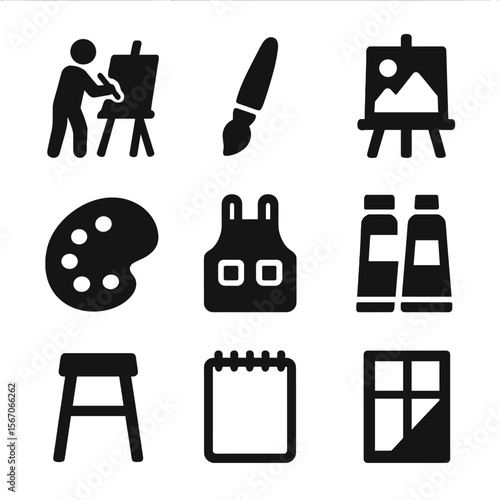 Artists' Tools Icons. Solid, filled icons set of artists at work in their studios: easel, paintbrush, canvas,