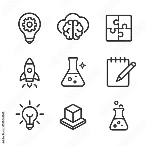 Innovation Icon Set. Outline icon set of innovation and creativity: lightbulb with gear, brainstorming cloud, puzzle piece, rocket