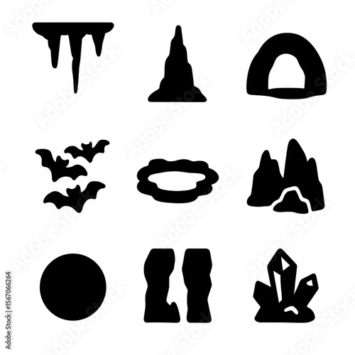 Cave Habitat Icons. Solid, filled icon set of cave animal habitats: stalactite, stalagmite, cave opening, bat cluster, underground