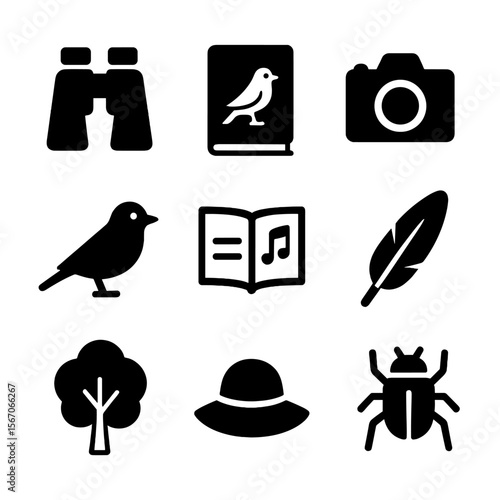 Birdwatching Icon Set. Solid, filled icon set of birdwatching and birdsong: binoculars, bird guidebook, camera, bird silhouette,
