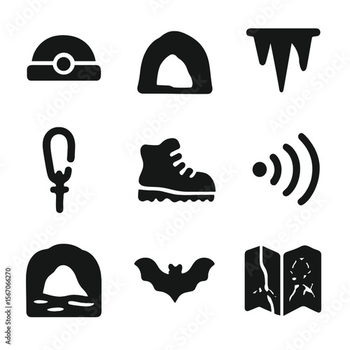 Cave Exploration Icons. Solid, filled icon set of exploring caves: helmet light, cave opening, stalactite icon, rope anchor,