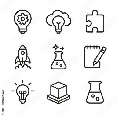 Innovation Icon Set. Outline icon set of innovation and creativity: lightbulb with gear, brainstorming cloud, puzzle piece, rocket
