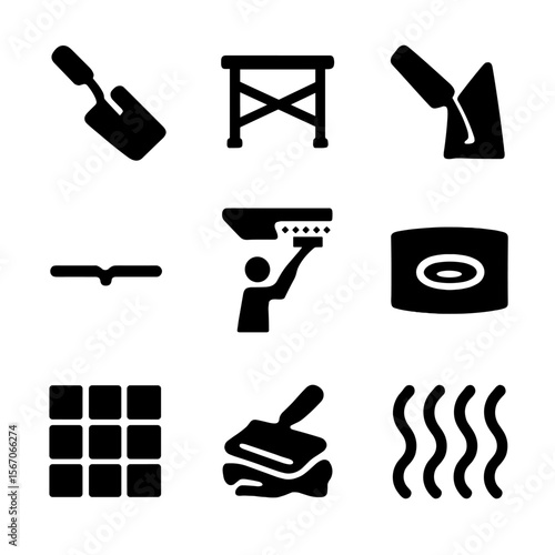 Ceiling Plastering Icons. Solid, filled icon set of ceiling plastering work: ceiling trowel, scaffold, angled trowel, joint line,