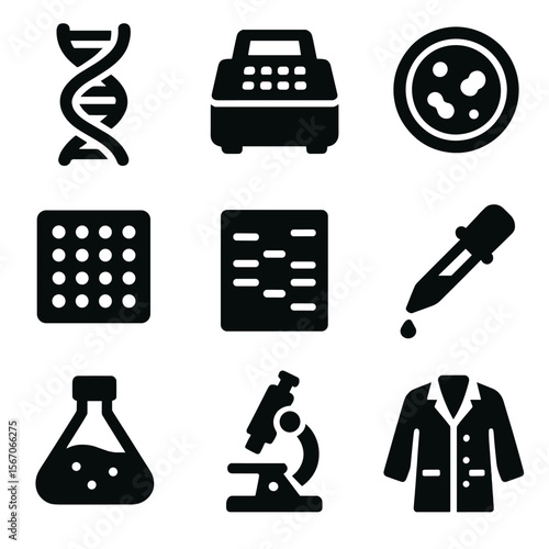Biotechnology Tools Icons. Solid, filled icon set of biotechnology tools: DNA strand, PCR machine, petri dish, microarray, gel