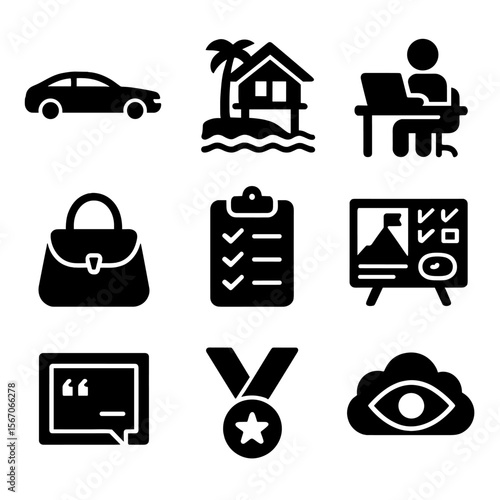 Aspirational Lifestyle Icons. Solid, filled icons set of aspirational lifestyle marketing: luxury car, beach