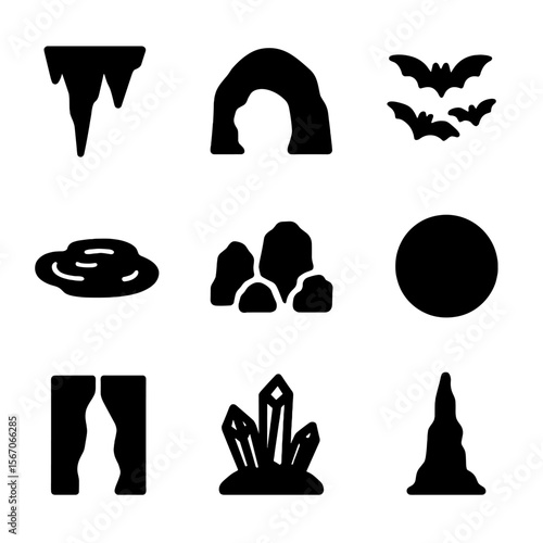 Cave Habitat Icons. Solid, filled icon set of cave animal habitats: stalactite, stalagmite, cave opening, bat cluster, underground
